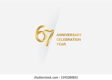 Luxury Golden 67 years anniversary, minimalist logo. 67th jubilee, greeting card. Birthday invitation. 67 year sign. Gold space vector illustration on white grey background - Vector