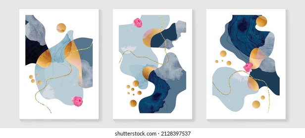 Luxury golden abstract wall art template. White background with different organic shapes, gold shapes and wave line art. Blue tone design for home decor, interior, wallpaper, print and covers.