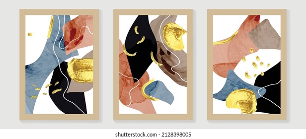 Luxury golden abstract wall art template. White background with different organic shapes, gold shapes and wave line art. Earth tone design for home decor, interior, wallpaper, print and covers.