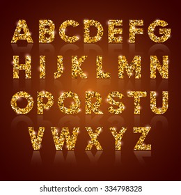 Luxury Golden Alphabet Letters Set With Gold Glitter Texture, Shiny And Glowing. Vector Illustration.