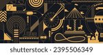 Luxury golden Amusement park background. Carnival parks carousel attraction, fun rollercoaster and ferris wheel attractions. Linear style illustrations.
