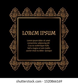 Luxury golden arabesque frame vector. Islamic paisley royal pattern template.  Retro design for Christmas invite card, New year party tag, beauty spa salon flyer, wedding.
