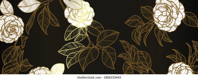 Luxury golden art deco wallpaper. Rose  lines arts background vector. Floral pattern with golden flowers on dark background. Vector illustration.