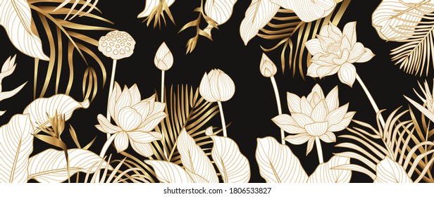 Luxury golden art deco wallpaper. lotus  background vector. Floral pattern with golden tropical flowers, split-leaf Philodendron plant ,monstera plant, Jungle plants line art on white background. 