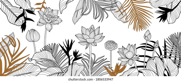 Luxury golden art deco wallpaper. lotus  background vector. Floral pattern with golden tropical flowers, split-leaf Philodendron plant ,monstera plant, Jungle plants line art on white background.