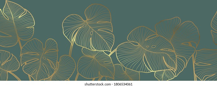 Luxury golden art deco wallpaper. Nature background vector. Floral pattern with golden split-leaf Philodendron plant with monstera plant line art on green emerald color background. 