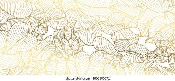 Luxury golden art deco wallpaper. Nature background vector. Floral pattern with golden split-leaf Philodendron plant with monstera plant line art on white  background. Vector illustration.