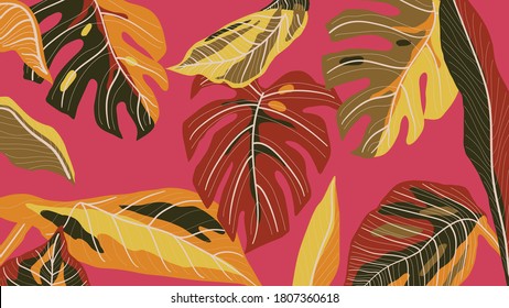 Luxury golden art deco wallpaper. Nature background vector. Floral pattern with golden split-leaf Philodendron plant with monstera plant line art on dark color background. Vector illustration.