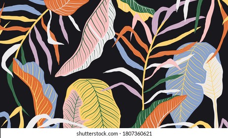 Luxury golden art deco wallpaper. Nature background vector. Floral pattern with golden split-leaf Philodendron plant with monstera plant line art on dark color background. Vector illustration.