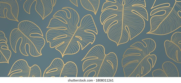 Luxury golden art deco wallpaper. Nature background vector. Floral pattern with golden split-leaf Philodendron plant with monstera plant line art on green emerald color background