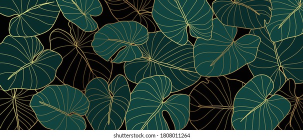 Luxury golden art deco wallpaper. Nature background vector. Floral pattern with golden split-leaf Philodendron plant with monstera plant line art on green emerald color background