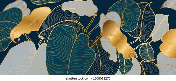 Luxury golden art deco wallpaper. Nature background vector. Floral pattern with golden split-leaf Philodendron plant with monstera plant line art on green emerald color background - Shutterstock ID 1808011270