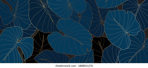 Luxury golden art deco wallpaper. Nature background vector. Floral pattern with golden split-leaf Philodendron plant with monstera plant line art on green emerald color background