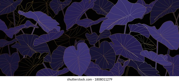 Luxury golden art deco wallpaper. Nature background vector. Floral pattern with golden split-leaf Philodendron plant with monstera plant line art on green emerald color background