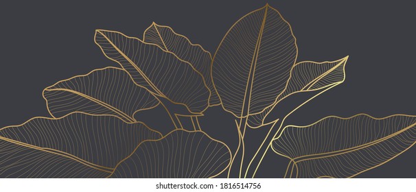 Luxury golden art deco wallpaper. Floral pattern with golden split-leaf Philodendron plant with monstera plant line art on green emerald color background. Vector illustration.