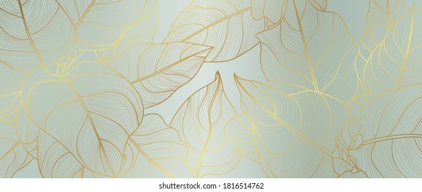 Luxury golden art deco wallpaper. Floral pattern with golden split-leaf Philodendron plant with monstera plant line art on green emerald color background. Vector illustration.