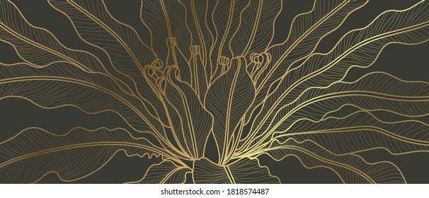 Luxury golden art deco wallpaper. Nature background vector. Floral pattern with golden split-leaf Philodendron plant with monstera plant line art on green emerald color background. 