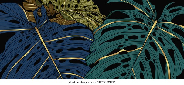 Luxury golden art deco wallpaper. Nature background vector. Floral pattern with golden split-leaf Philodendron plant with monstera plant line art on green emerald color background.