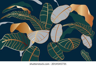 Luxury golden art deco wallpaper. Beautiful natural green, gold and blue leave with golden outline and veins. Philodendron plant, monstera plant. Abstract vector illustration for banners and posters