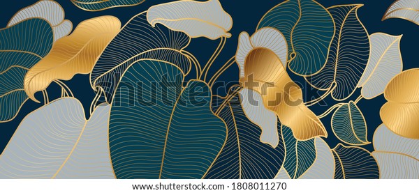 Luxury golden art deco wallpaper. Nature background vector. Floral pattern with golden split-leaf Philodendron plant with monstera plant line art on green emerald color background