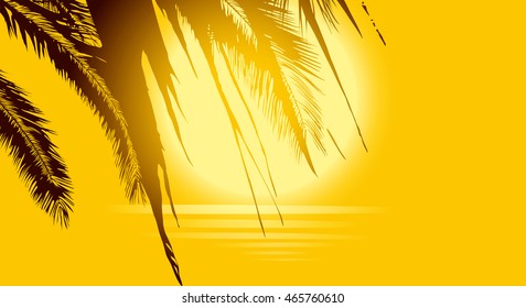 Luxury golden background with palm trees, sun and sea on a hot afternoon.