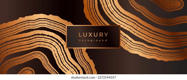 Luxury golden background with wood annual rings texture. Banner with shiny tree ring pattern. Stamp of tree trunk in section. Natural wooden concentric circles. Black and bronze gold background