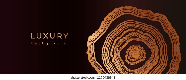 Luxury golden background with wood annual rings texture. Banner with shiny tree ring pattern. Stamp of tree trunk in section. Natural wooden concentric circles. Black and bronze gold background