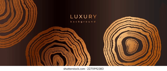 Luxury golden background with wood annual rings texture. Banner with shiny tree ring pattern. Stamp of tree trunk in section. Natural wooden concentric circles. Black and bronze gold background