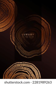 Luxury golden background with wood annual rings texture. Template with shiny tree ring pattern. Stamp of tree trunk in section. Natural wooden concentric circles. Black and bronze gold background