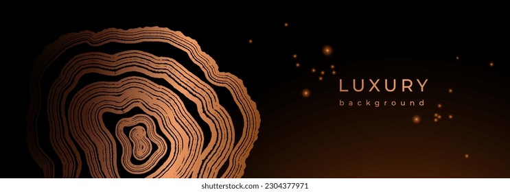 Luxury golden background with wood annual rings texture. Banner with shiny tree ring pattern. Stamp of tree trunk in section. Natural wooden concentric circles. Black and bronze gold background
