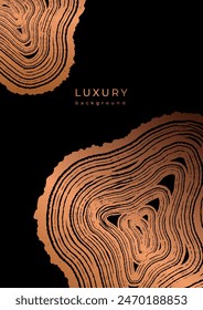 Luxury golden background with wood annual rings texture. Stamp of tree trunk in section. Template with shiny tree ring pattern. Wooden concentric circles. Black and bronze gold background