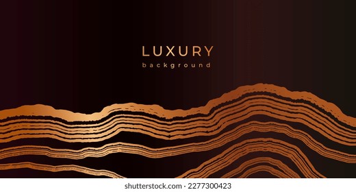 Luxury golden background with wooden texture. Banner with shiny tree linear pattern. Stamp of tree trunk in section. Natural Cutaway wood texture. Black and bronze gold background. Grunge lines