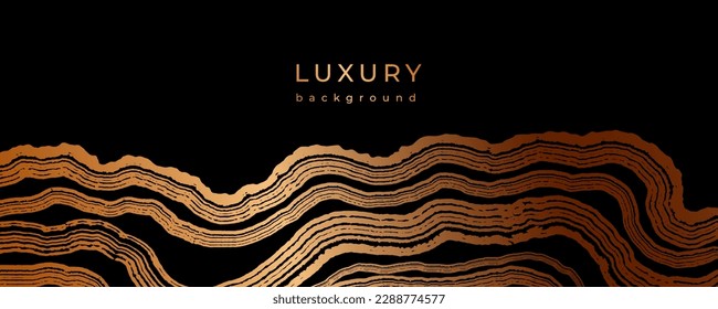 Luxury golden background with wooden texture. Banner with shiny tree linear pattern. Stamp of tree trunk in section. Natural Cutaway wood texture. Black and bronze gold background. Grunge lines