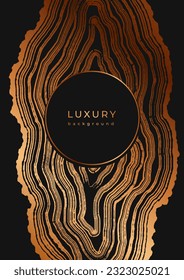 Luxury golden backgrounds with wood annual rings texture. Template with shiny tree ring pattern. Stamp of tree trunk in section. Wooden concentric circles. Black and bronze gold background. Copy space