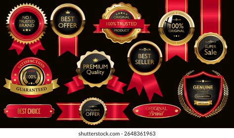 Luxury Golden Badge,Ribbon and Labels Vector Illustration. Premium Quality Stamp, Gold Medal,Gold Shield Logo,Certificate Seal and Best seller Award Circle Badge Collection