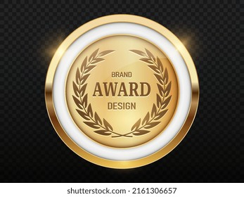 Luxury golden badges. Bright medal for best employee. Prize mile trophy, achievement award to winner in competition. Motivation, leadership and success. Realistic isometric vector illustration