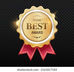 Luxury golden badges. Bright medal of unusual shape. Award for winner of online competition. Evaluation of products and companies by users, rating and rank. Realistic isometric vector illustration