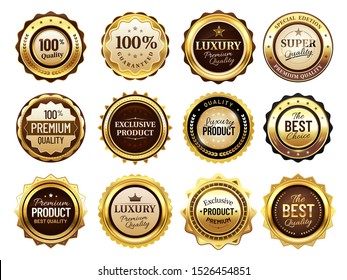 Luxury golden badges. Premium quality stamp, gold labels and best offer badge. Award emblem, seal quality certificate tag or elegant royal medal. Isolated vector illustration icons set