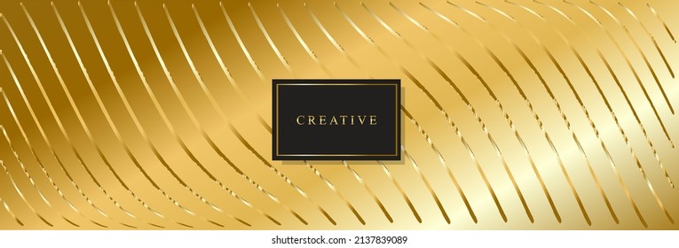 Luxury golden banner with black frame. Wavy and distort gold paint stripes. Oblique lines