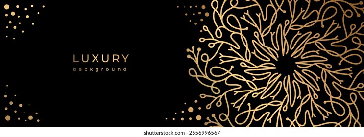 Luxury golden banner with geometric linear ornament. Golden line pattern and glitter on black background