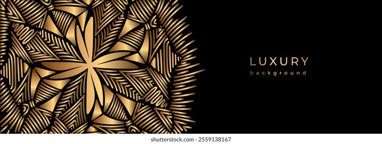 Luxury golden banner with geometric ornament. Art deco style golden line pattern on black background