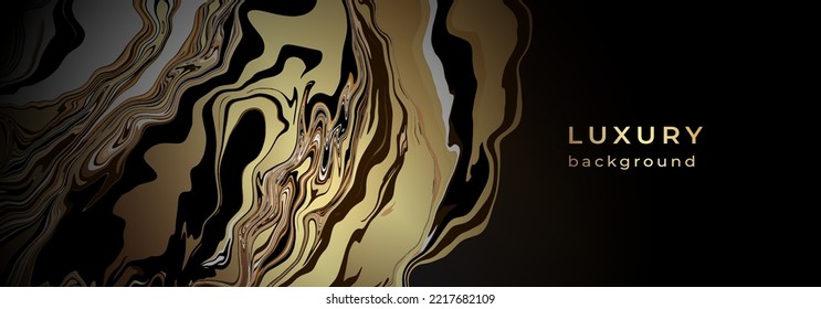 Luxury golden banner with marble texture. Abstract shiny background with flowing liquid. Gold paint streaks. Wavy glittering pattern