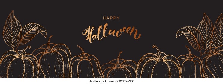 Luxury golden banner template for Halloween. Bronze linear pumpkins and leaves on black background. Happy Halloween lettering