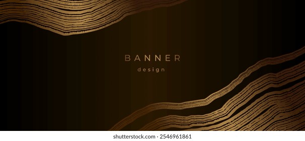 Banner dourado de luxo com textura de anéis anuais de madeira. Plano de fundo com padrão de anel de árvore brilhante. Carimbo do tronco da árvore na seção. Círculos concêntricos de madeira natural. Fundo de ouro preto e bronze