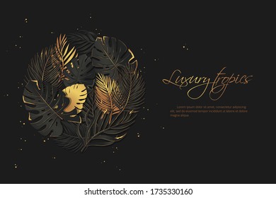 Luxury golden and black tropical leaves dark background. Exotic botanical background design. Vector backdrop with gold and black tropical leaves on dark background.