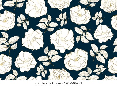 Luxury golden and blue floral seamless pattern, wallpaper design Golden rose pattern design background for wedding, 
banner, card, cover, packaging design. Vector illustration.