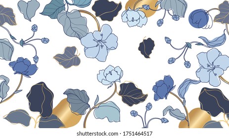 Luxury golden  and blue floral wallpaper design vector, Golden rose pattern design background for wedding, banner, card, cover, and packaging design background. Vector illustration.