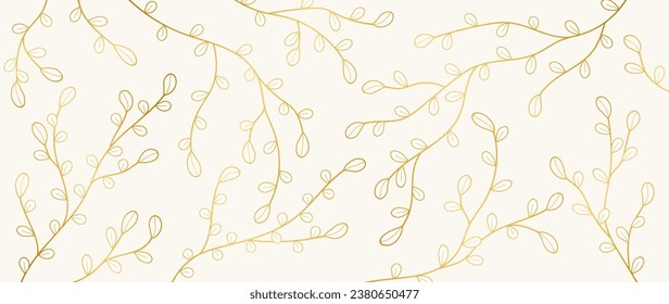 Luxury golden botanical vector background. Gold gradient foliage and branches, simple line wallpaper design for prints, covers, wall art, greeting cards, wedding cards, invitations.	