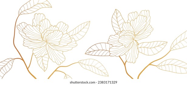 Luxury golden botanical vector background. Golden gradient. Peonies, floral lines, wallpaper design for prints, covers, wall art, greeting cards, wedding cards