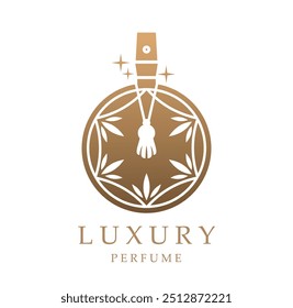 Luxury golden bottle perfume fragrance icon. Elegant gold round flask with premium scent. Isolated vector emblem with ornate spray bottle for high-end fragrance branding, beauty and cosmetic products